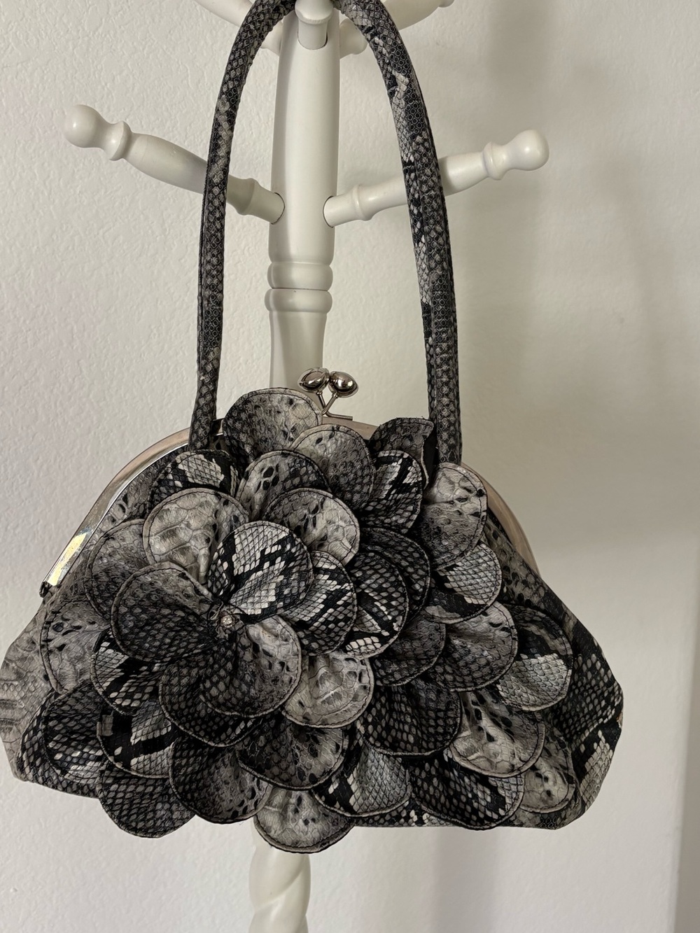 Snake-Print Floral Appliqué Clutch in Grey